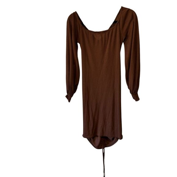 Prettylittlething Brown Ruched Off The Shoulder Drawstring Mini Dress - Picture 7 of 9